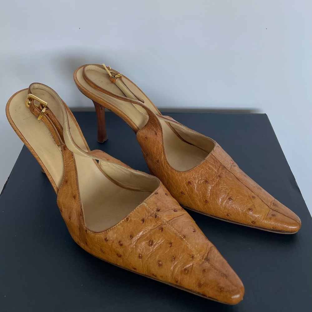 Vicini pointy heel ostrich leather sling back heels